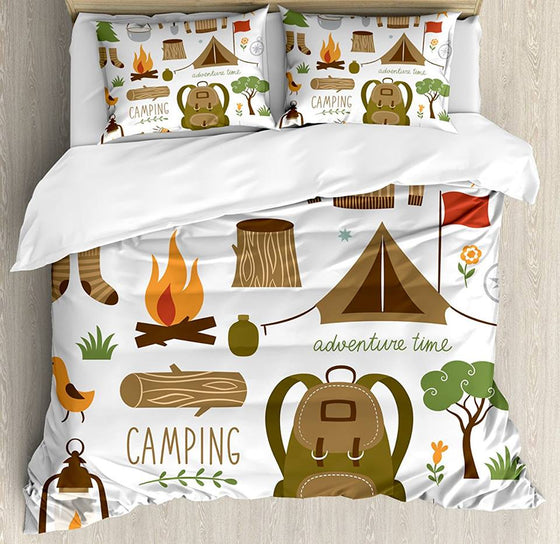 Camper Tent Fire Bedding Set Pillow Blanket