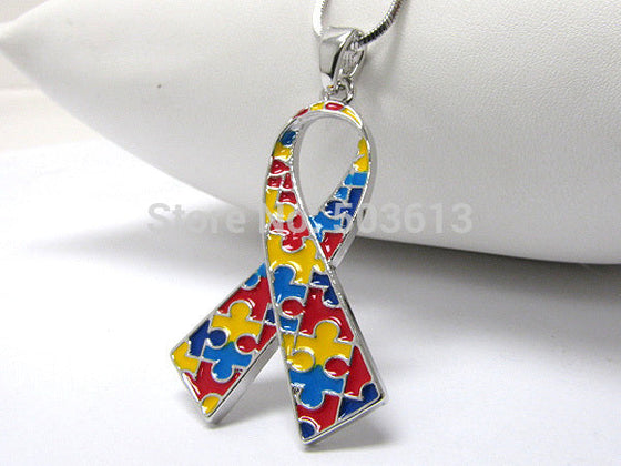Autism Awareness Ribbon Pendant Necklace one piece  4.4CM