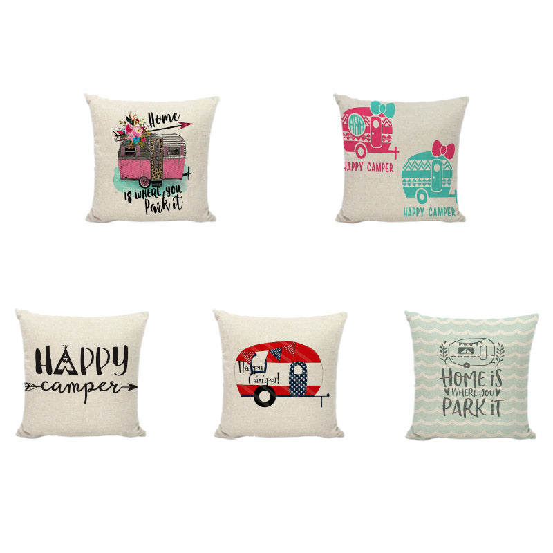 Happy Camping Happy Camper Cushion Cover Linen Throw Pillowcase