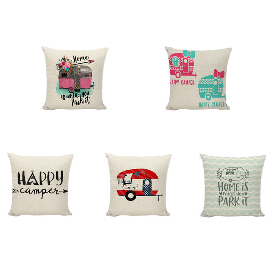 Happy Camping Happy Camper Cushion Cover Linen Throw Pillowcase