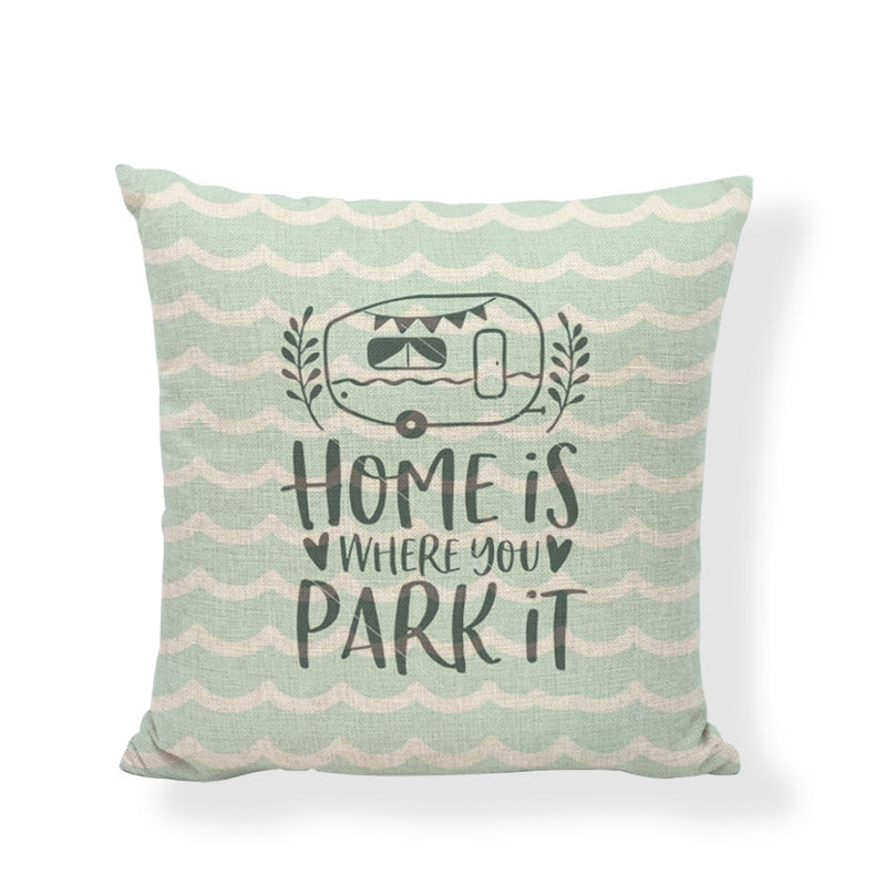 Happy Camping Happy Camper Cushion Cover Linen Throw Pillowcase