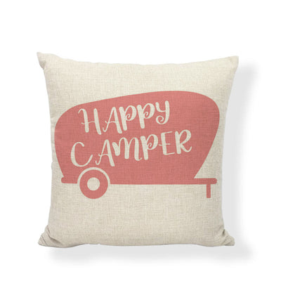 Happy Camping Happy Camper Cushion Cover Linen Throw Pillowcase