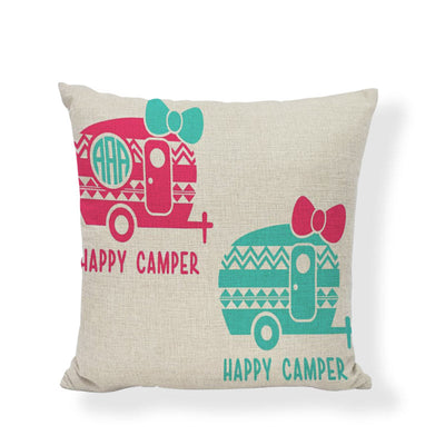 Happy Camping Happy Camper Cushion Cover Linen Throw Pillowcase