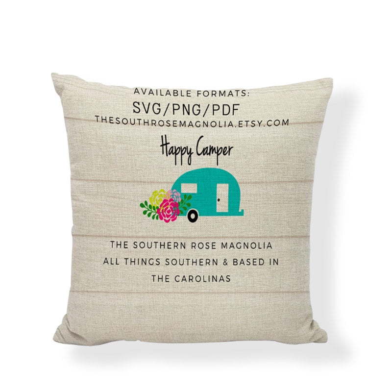 Happy Camping Happy Camper Cushion Cover Linen Throw Pillowcase