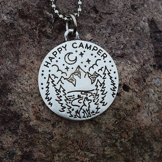 Happy camper necklace Vintage Travel Jewelry with Mountain wolf pendant Tree Scene Gift for Women