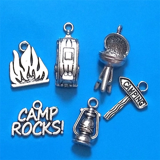 30pcs/set Antique Silver Plated Camping Charms Collection Camper Trailer Camp Rocks Lantern Fire Grill Road Sign DIY Pendant