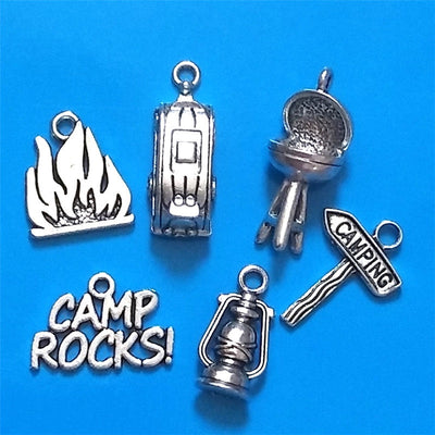 30pcs/set Antique Silver Plated Camping Charms Collection Camper Trailer Camp Rocks Lantern Fire Grill Road Sign DIY Pendant