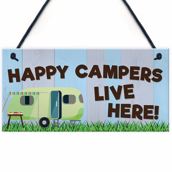 Happy Campers Live Here Hanging Sign Caravan Camping Holiday Plaque Gift 10"x5"