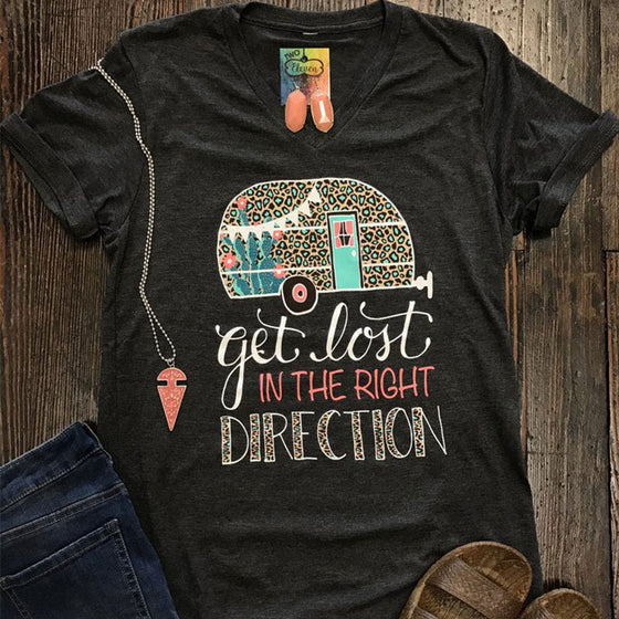 Camping V-Neck Get Lost In The Right Direction Print T-Shirt