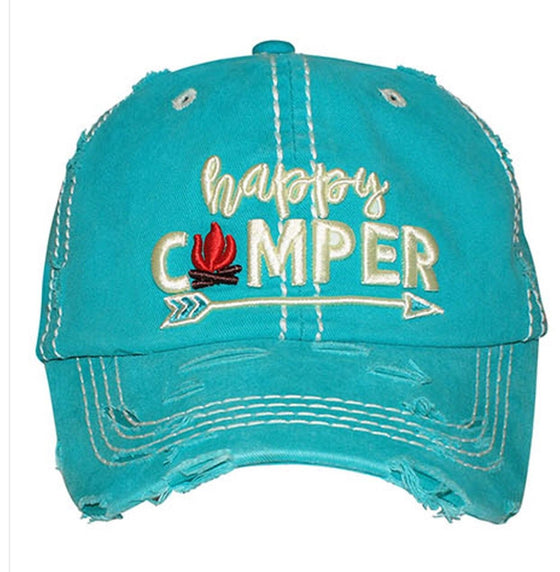 Happy Camper Baseball Cap Western Embroidered Factory Distressed Turquoise Hat