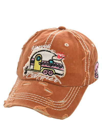 HAPPY CAMPER Cap Blue Embroidery Distressed Hat