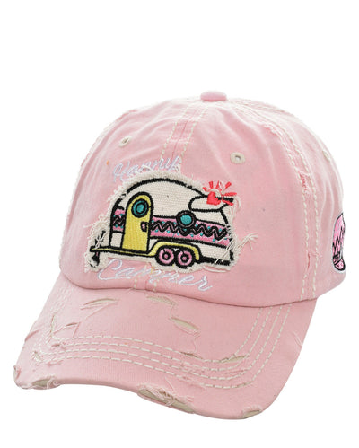 HAPPY CAMPER Cap Blue Embroidery Distressed Hat
