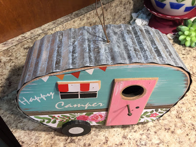 Tin Roof Pink Door HAPPY CAMPER Country Travel Trailer Birdhouse-Bird House