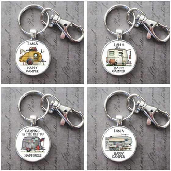 Charm Happy Camper Glass Cabochon Key Chain Pendant Accessories Jewelry