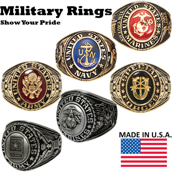 Deluxe Military Rings - Army, Navy, Sp. Forces, Marines USMC U.S. Made All Sizes