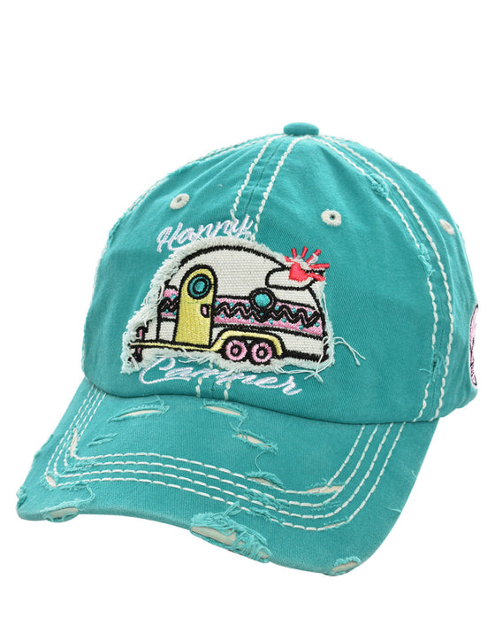 HAPPY CAMPER Cap Blue Embroidery Distressed Hat