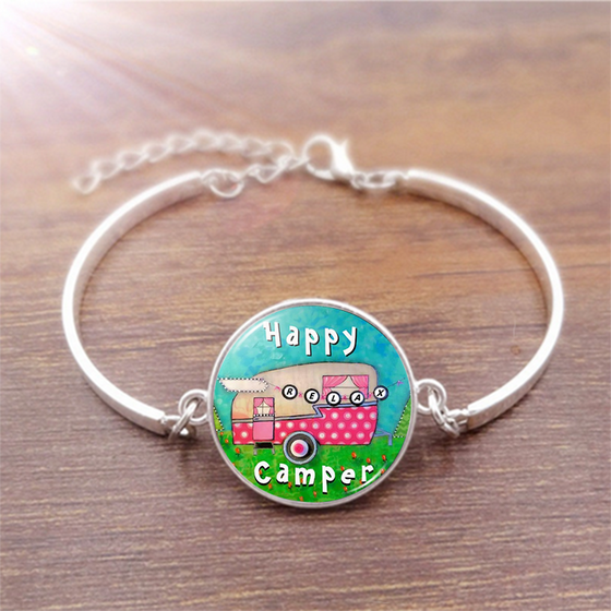 2PCS/SET Camping Bracelet Charm Happy Camper Glass Bracelets Accessories Creative Unisex Jewelry Gifts