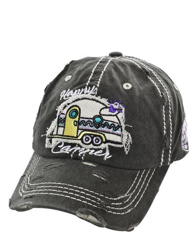 HAPPY CAMPER Cap Blue Embroidery Distressed Hat