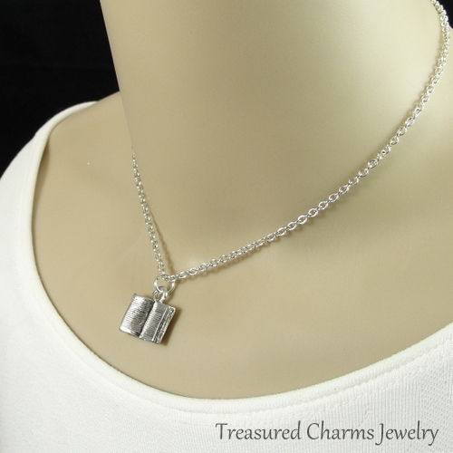 Silver Open Book Charm Necklace - Literary Book Club Librarian Pendant Jewelry