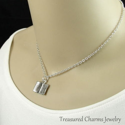 Silver Open Book Charm Necklace - Literary Book Club Librarian Pendant Jewelry