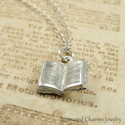 Silver Open Book Charm Necklace - Literary Book Club Librarian Pendant Jewelry