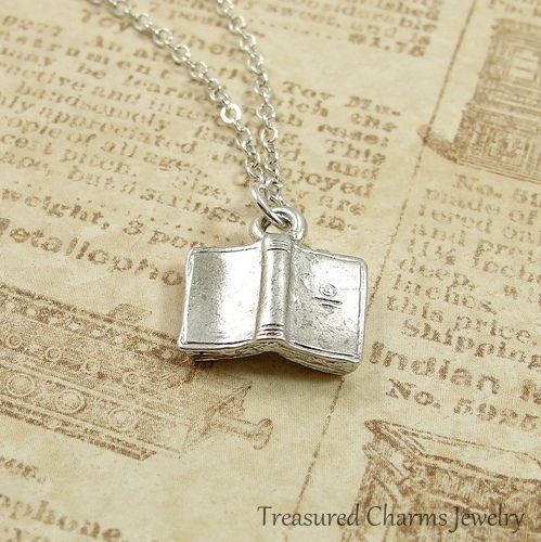Silver Open Book Charm Necklace - Literary Book Club Librarian Pendant Jewelry