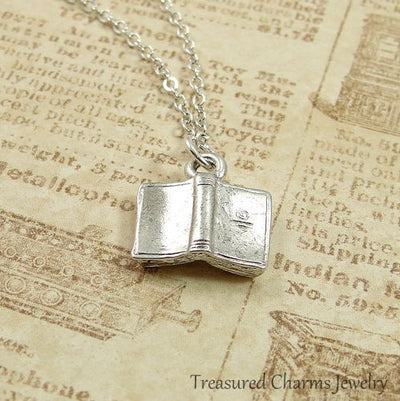 Silver Open Book Charm Necklace - Literary Book Club Librarian Pendant Jewelry