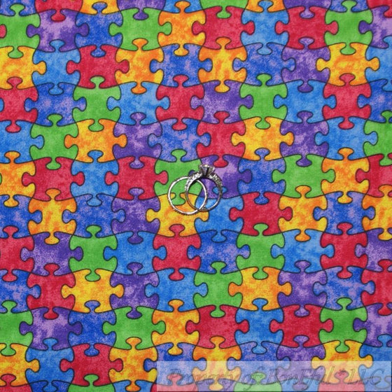 BonEful Fabric FQ Cotton Quilt Rain*bow Autism Awareness Puzzle Pieces S M L Top